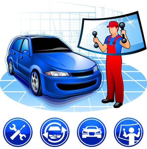 Cartoon auto glass technician holding windshield next to blue car.