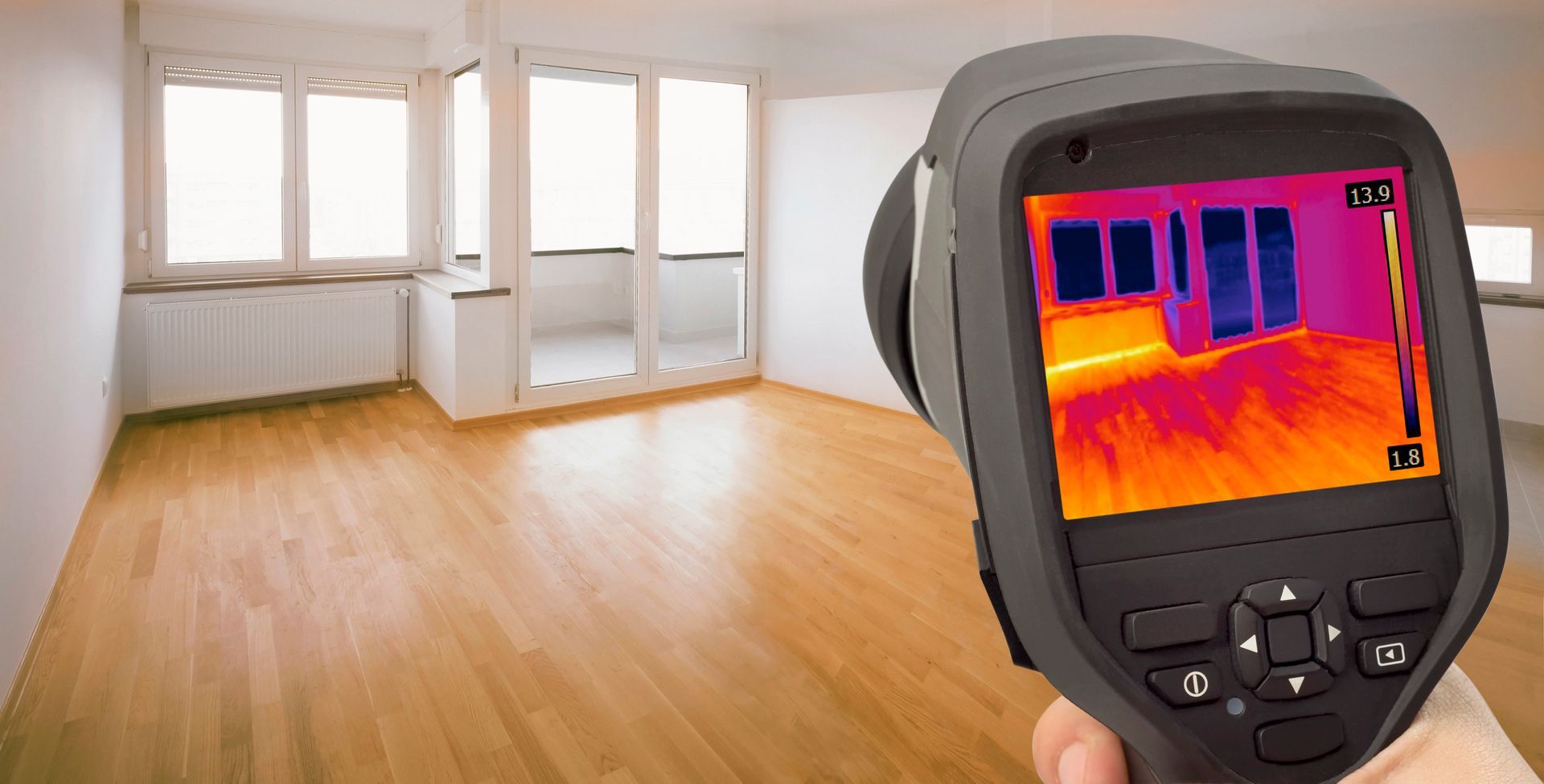 Handheld thermal camera showing heat map of a room, possibly for energy efficiency inspection.