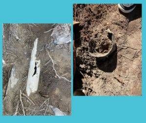 Close-up views of a piece of light-colored wood and a small, dark container in dirt.