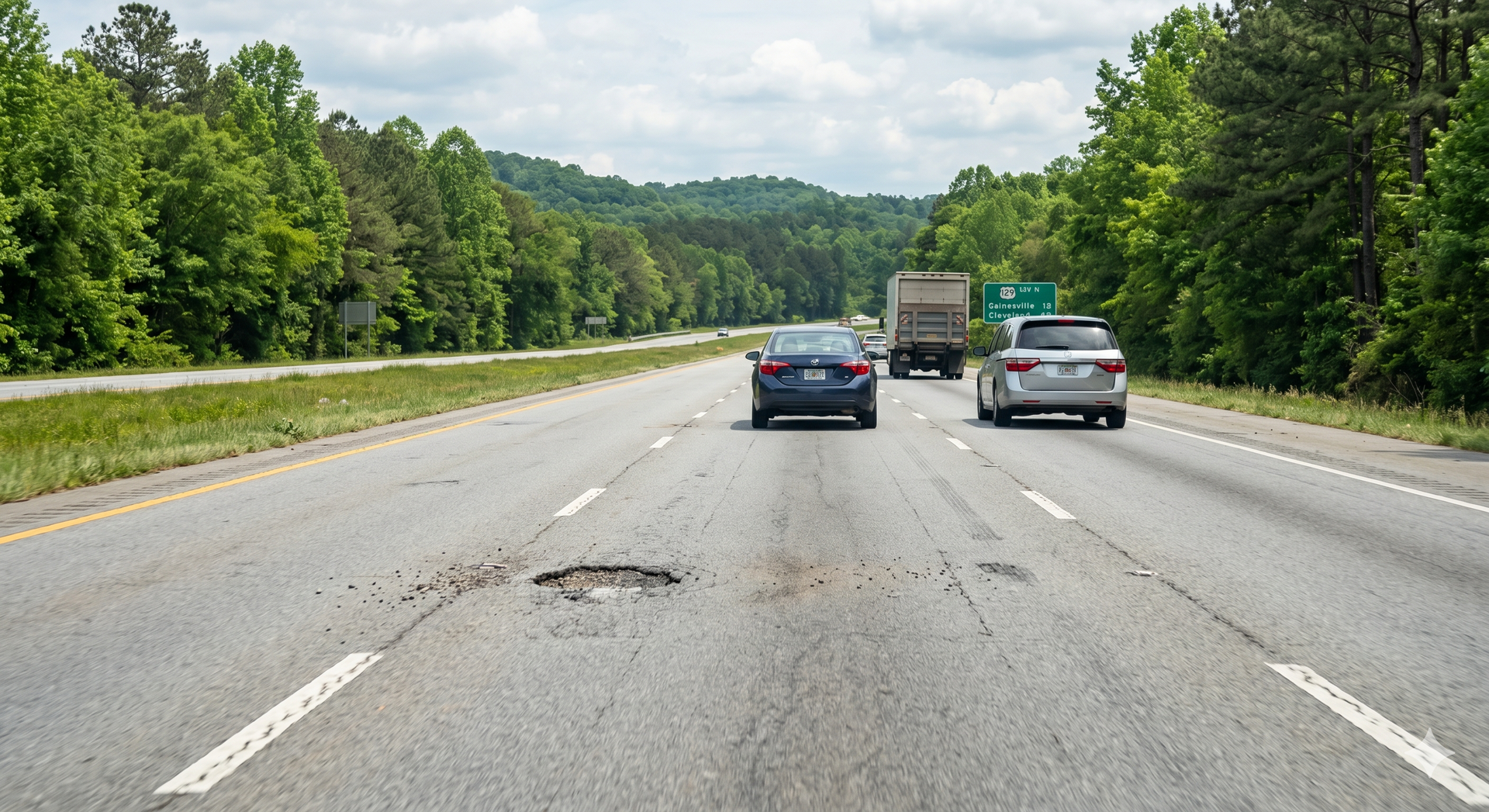 vehicles on a highway with a pothole