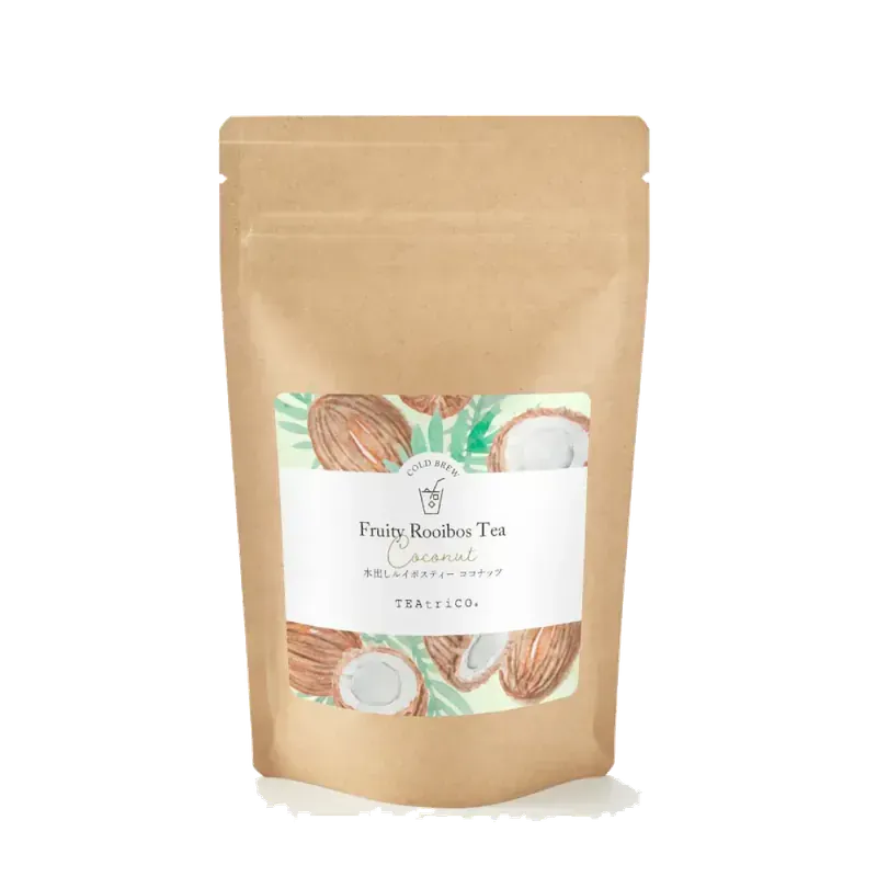 棕色袋裝水果口味路易波士茶,口味為「椰子」。標籤上印有椰子圖案。