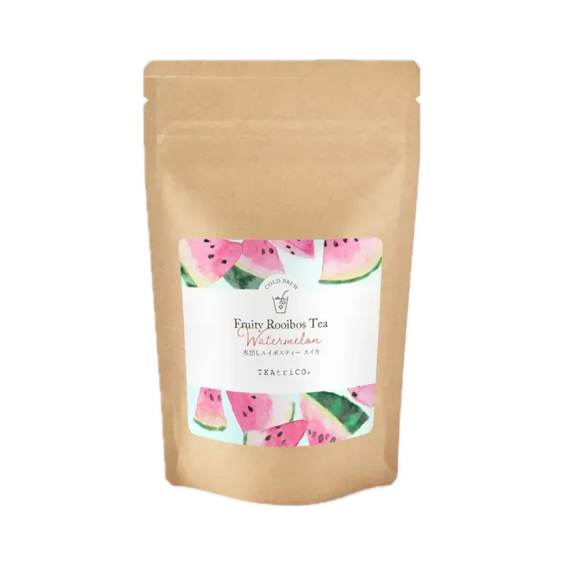 棕色茶包,有西瓜標籤;文字為「享用草本茶」。