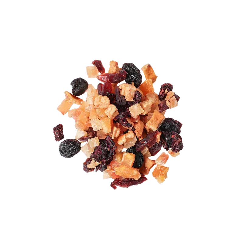 一袋棕色紙袋裝的櫻桃杏仁茶，標籤上標示了茶葉的種類。