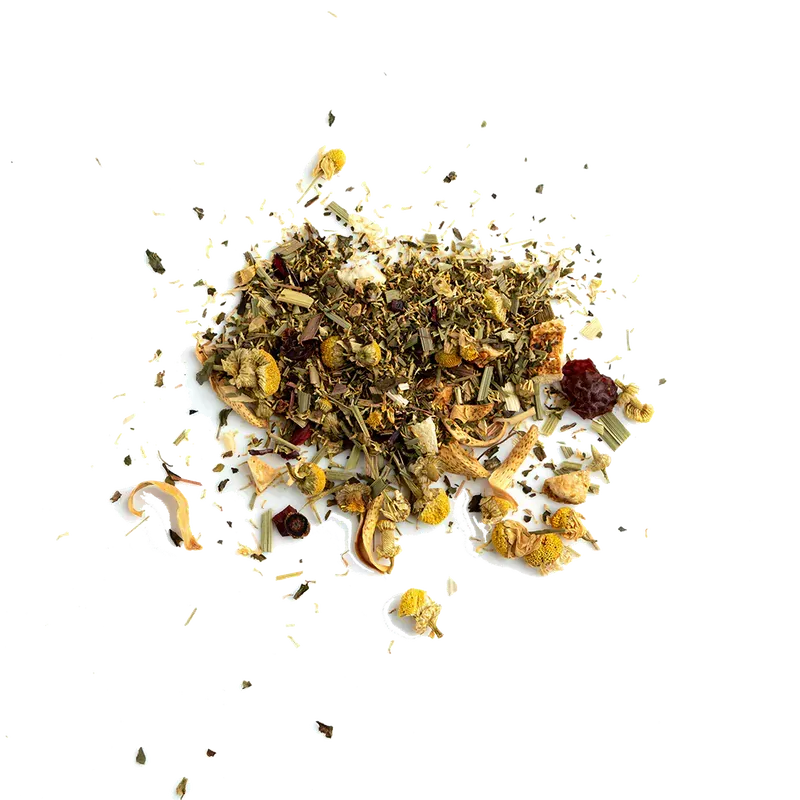 棕色茶包上標有“408號洋甘菊柑橘混合茶”，可以看到裡面色彩繽紛的草本混合物。