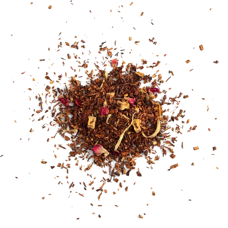 棕色茶包,標籤上寫著“Rooibos Caramel Pomona”,可以看到茶葉,標籤為白色。