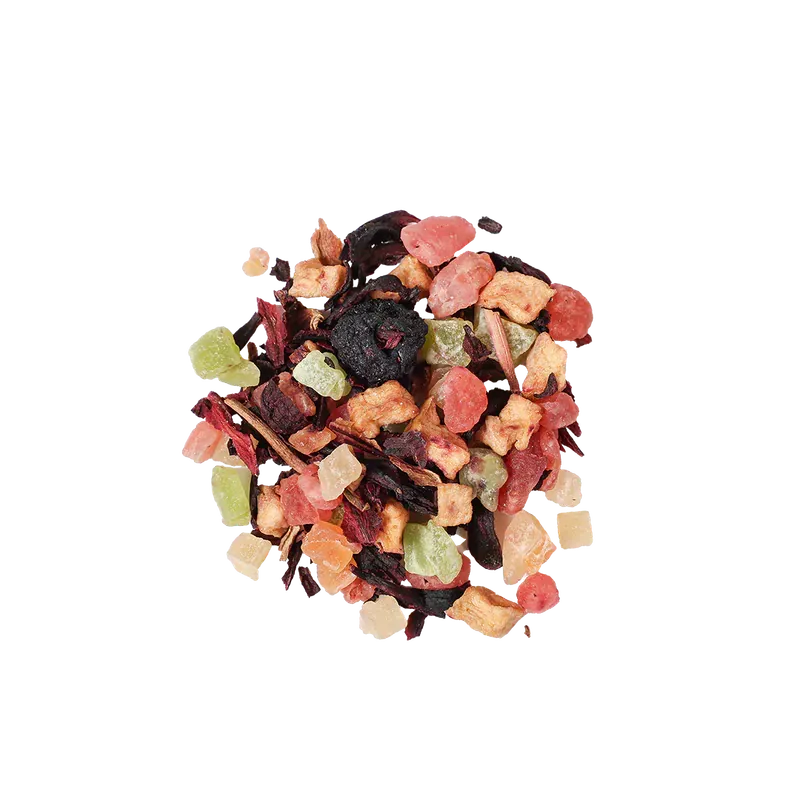 一袋棕色紙袋裝著優格混合茶，上面貼有產品詳情標籤和色彩鮮豔的茶葉成分圖片。