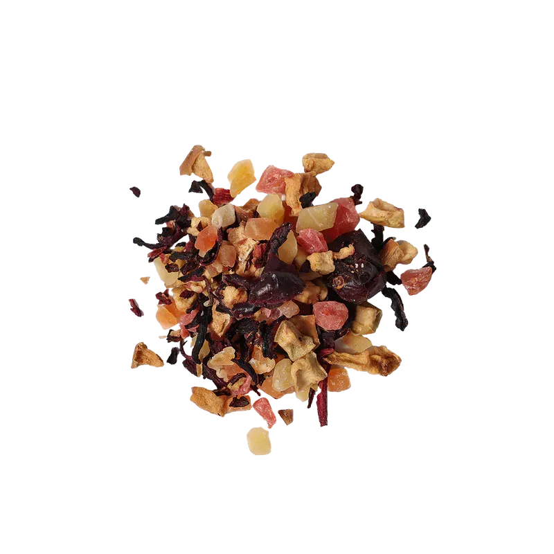 棕色紙質茶包,貼有草莓標籤。 “TEA TRICO”字樣印在底部。