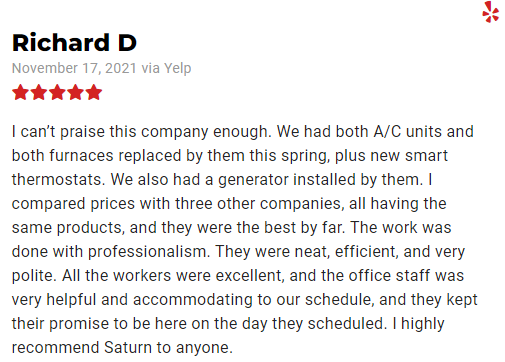 Richard d wrote a review on yelp for saturn heating and cooling