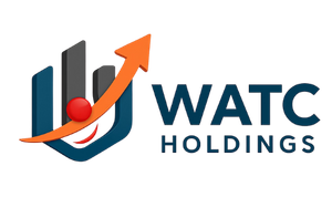 Logo for WATC Holdings, featuring a blue and grey stylized graphic with an orange arrow pointing upwards, next to text.