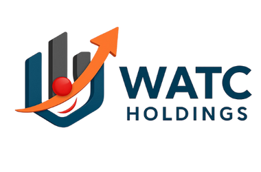 Logo for WATC Holdings, featuring a blue and grey stylized graphic with an orange arrow pointing upwards, next to text.