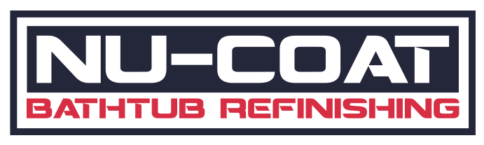 Nu-Coat bathtub refinishing logo with white text on a blue and red background.