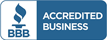 BBB Accredited Business logo, blue and white. Torch with 
