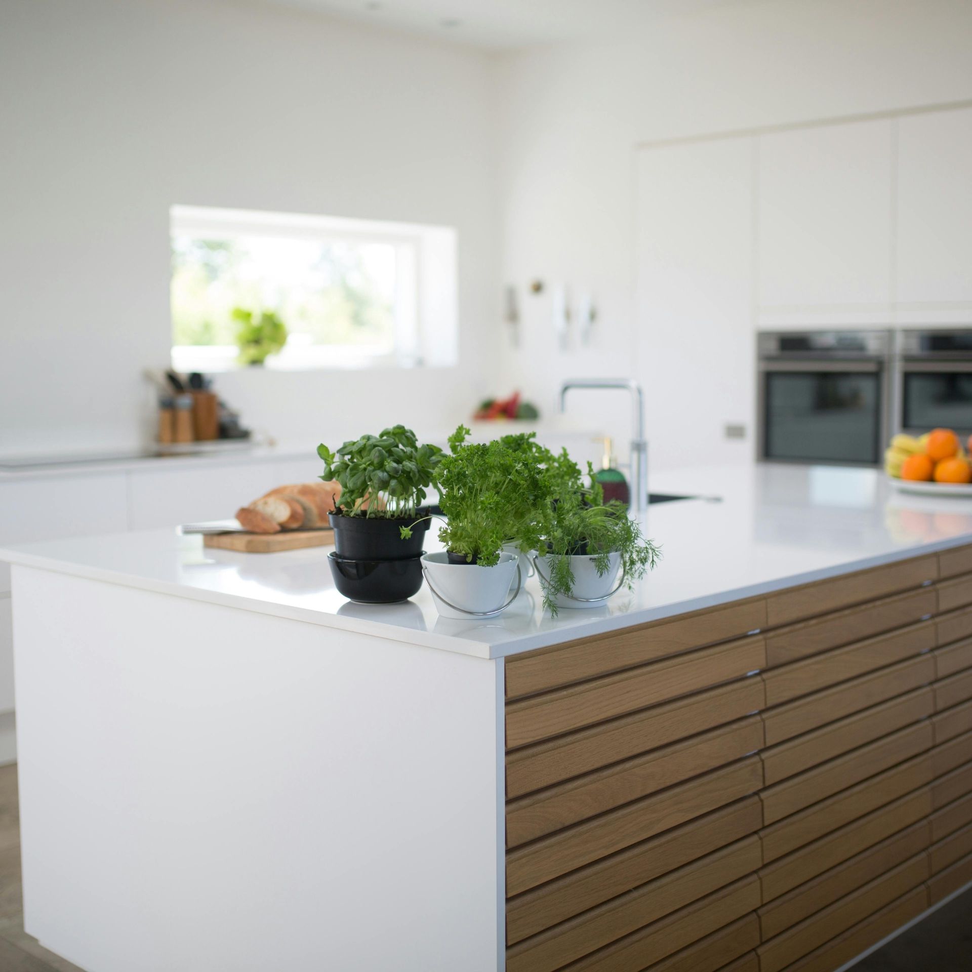 Modern white kitchen island with herb plants, light wood accents.