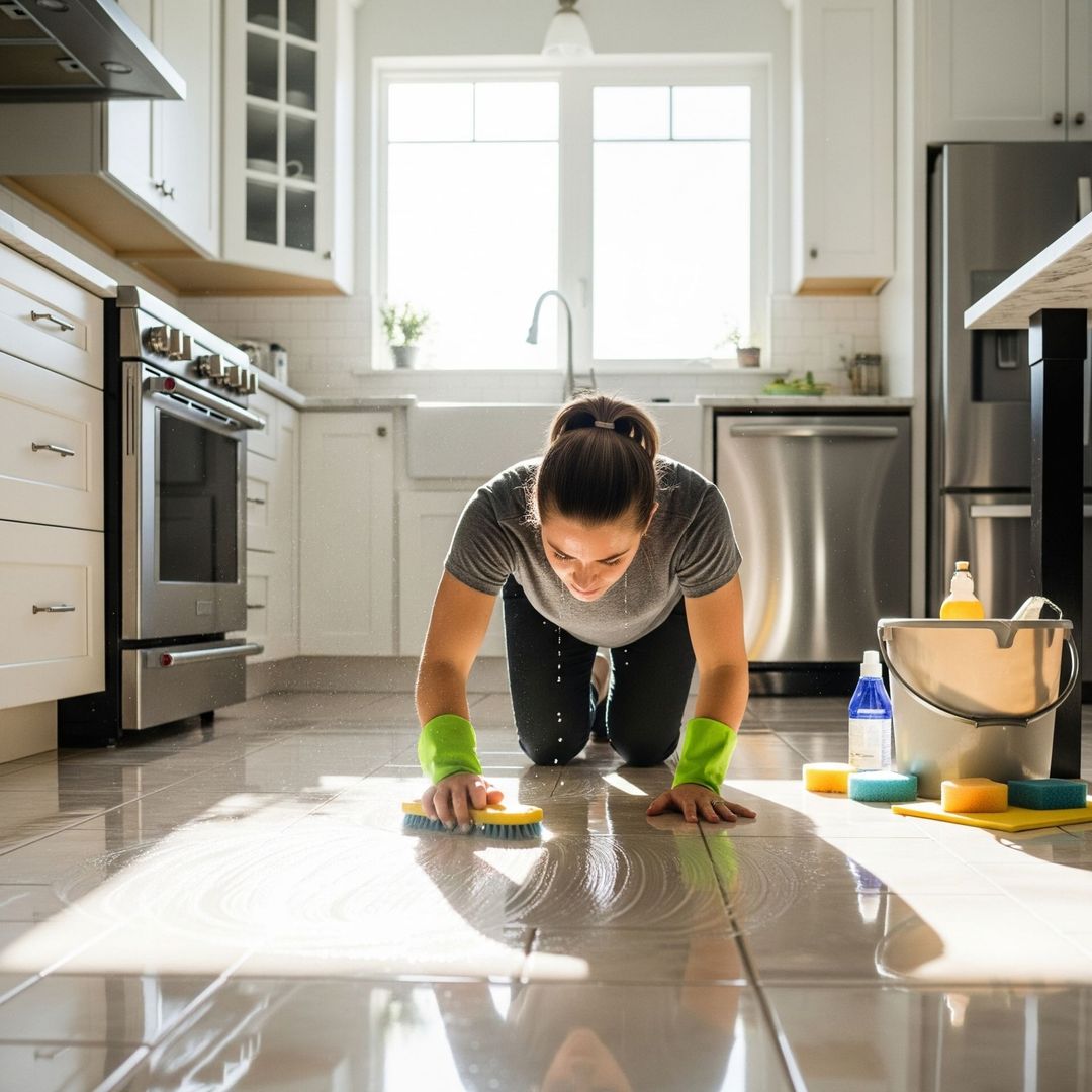 A woman is cleaning a couch with a vacuum cleaner.