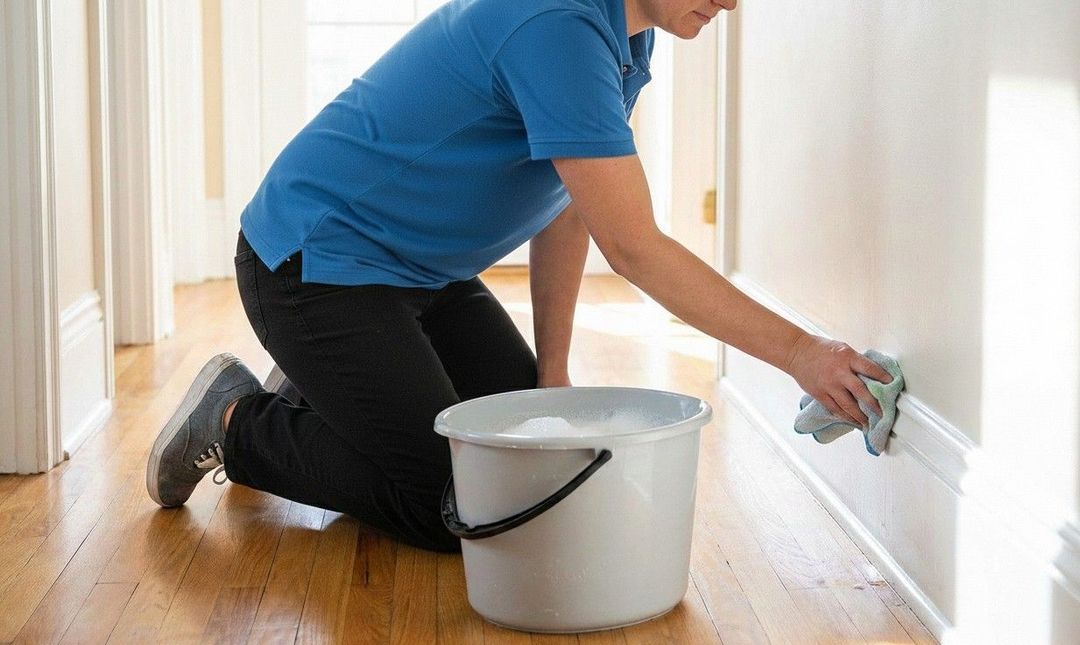 Person cleaning a white baseboard with a cloth and bucket of soapy water in a hallway.