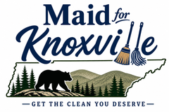 Logo for Maid for Knoxville: buildings and a house within a green and blue circle with a broom.