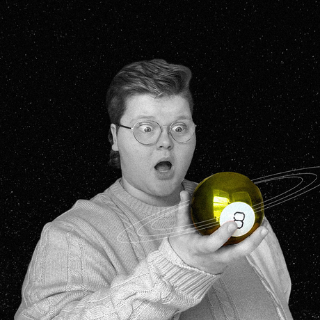 Person with surprised expression holding a golden 8-ball, against a starry background.