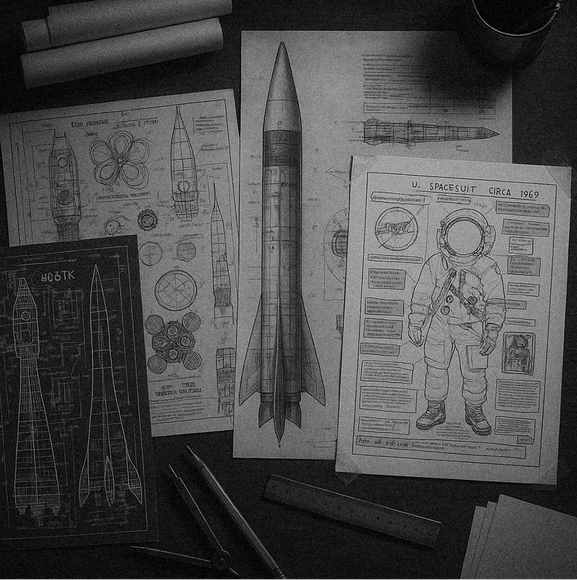 Drawings of rockets and space suits on a table.