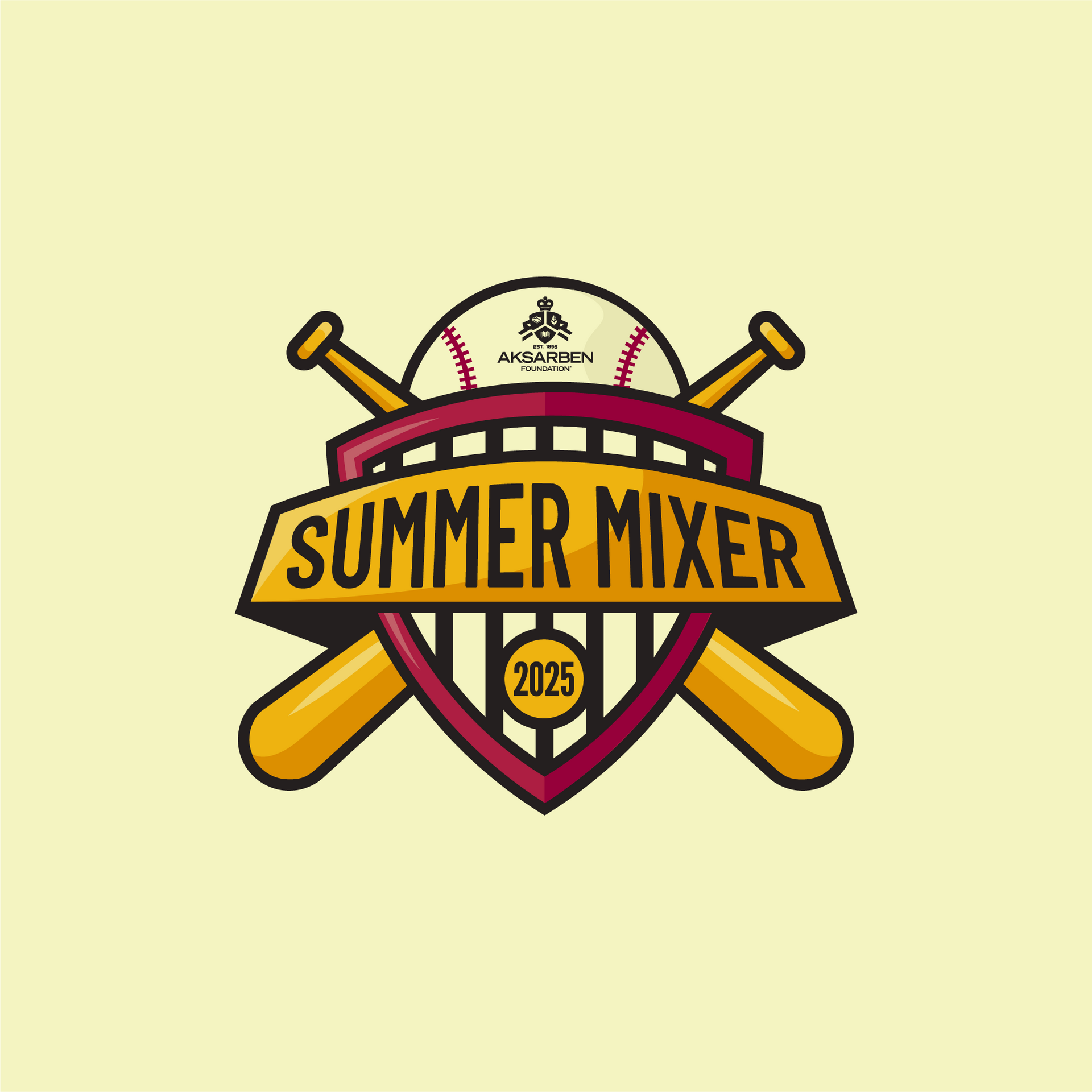 Baseball-themed logo with a baseball, bats, and shield, labeled