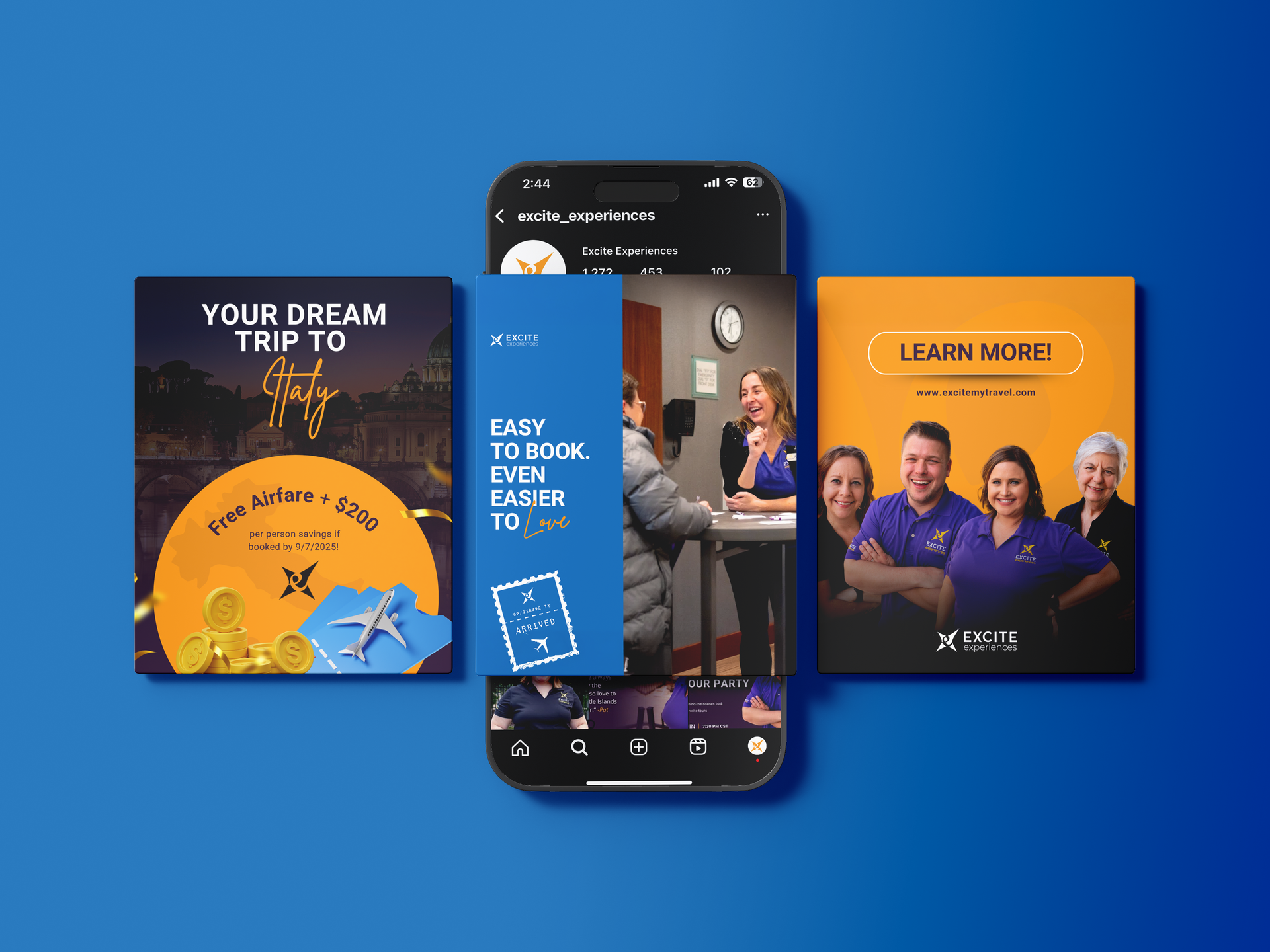 Mobile phone display with travel brochures and people.