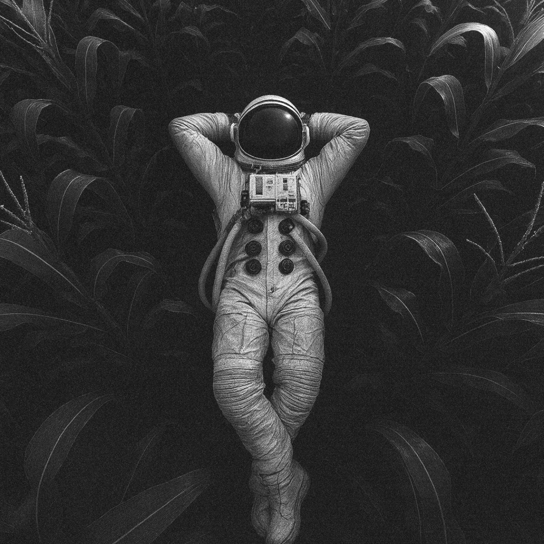 Astronaut relaxes in a cornfield, arms behind their head, in a black and white, surreal scene.