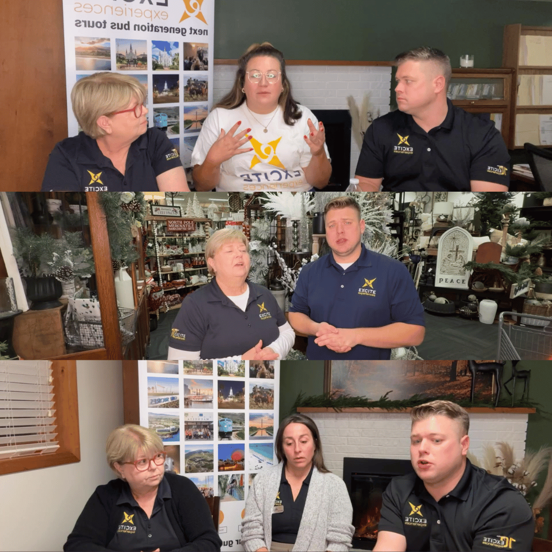 Three panels showing groups of people in a business setting. Each group has 2-3 people, all wearing matching shirts.