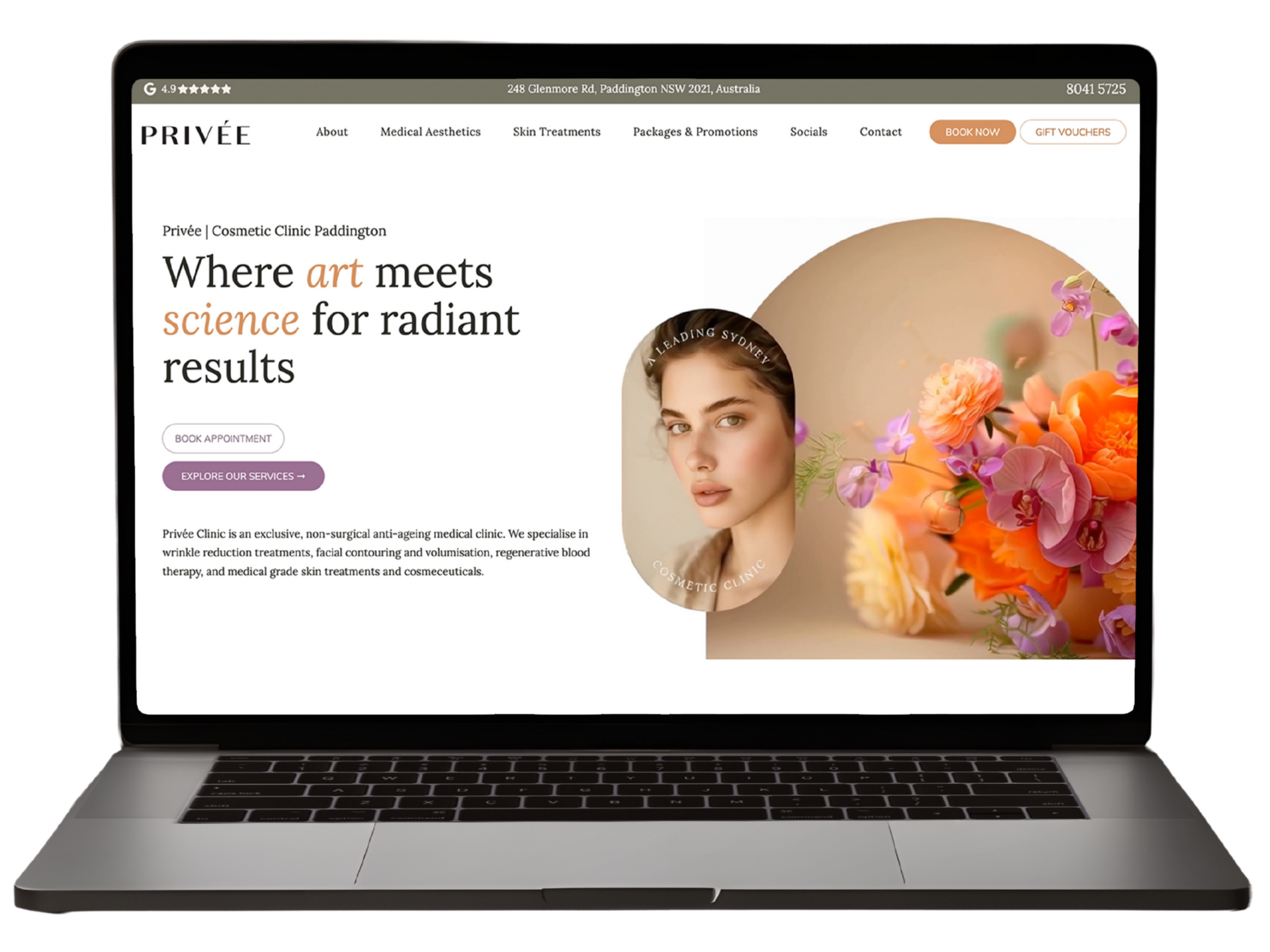 Laptop displaying a website with woman’s face and colorful flowers; the headline reads, “Where art meets science.”