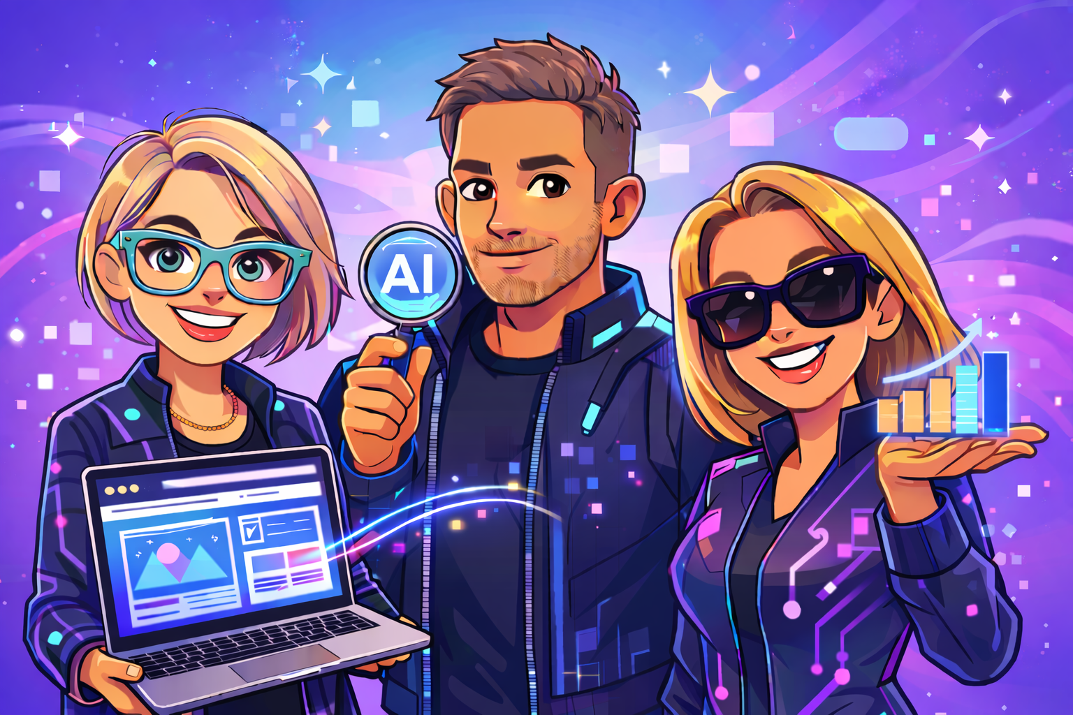 Digitaldoor mascots. Designer holding laptop, AIO Specialist holding magnifying glass. Sales leader showing business growth.