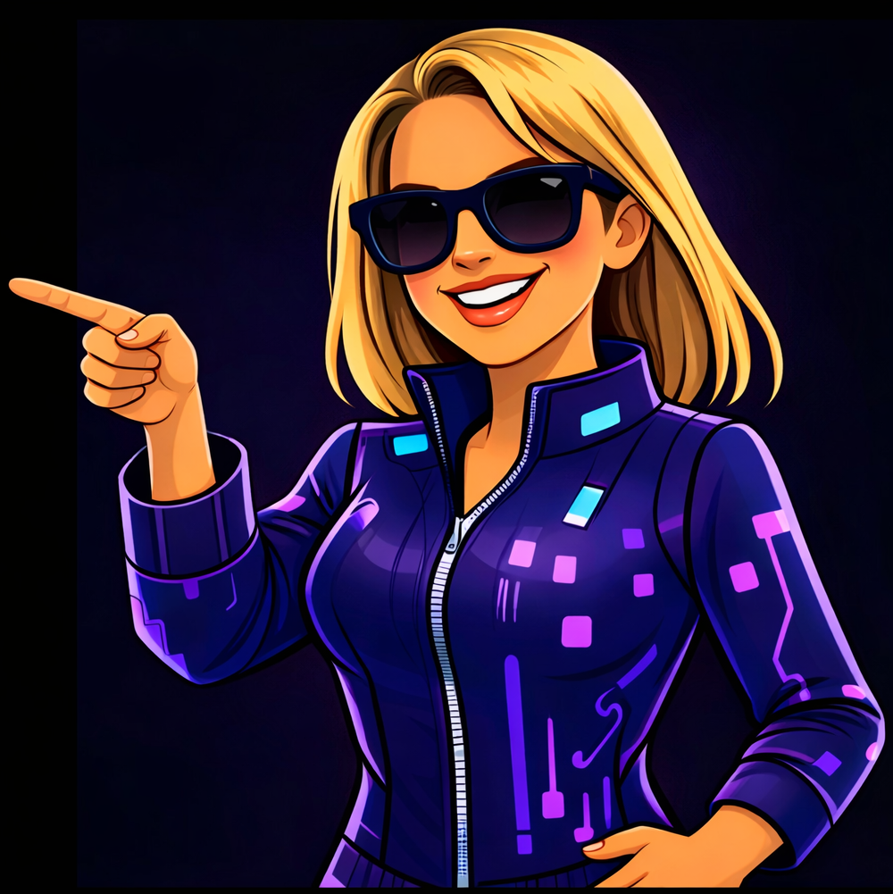 Blonde woman in shades points left. Wearing a blue circuit design jumpsuit, against a dark purple backdrop.