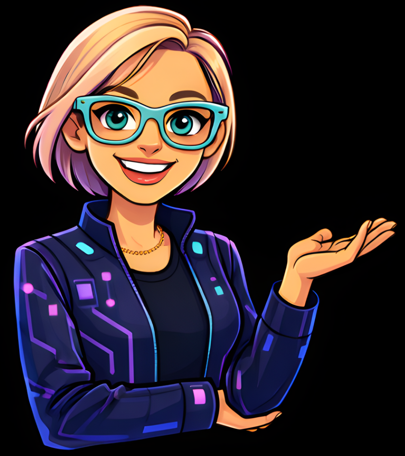 Blond woman with glasses smiles, gesturing with one hand. Wearing blue jacket with circuit design.