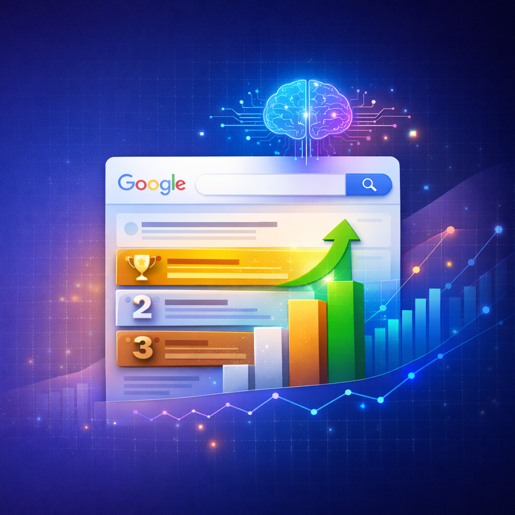 Google search results with ranking, growth chart, and AI brain illustration.