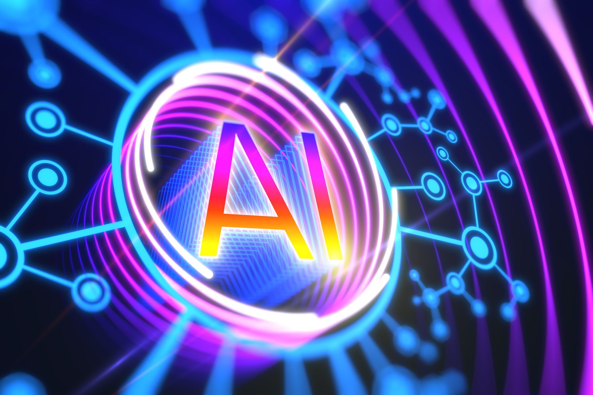 AI symbol in glowing blue and purple circuitry.