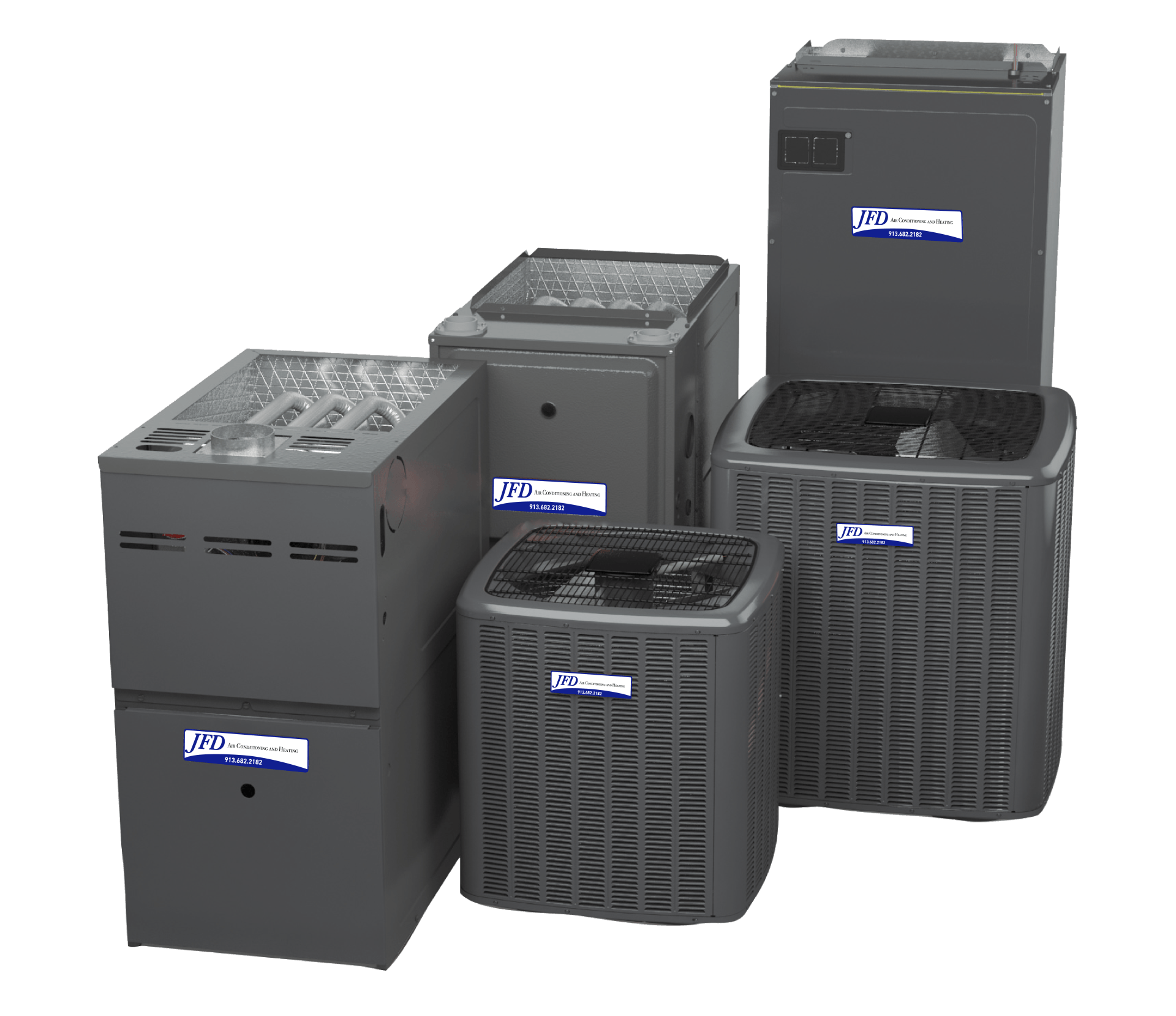 A group of air conditioners are sitting next to each other on a white background.