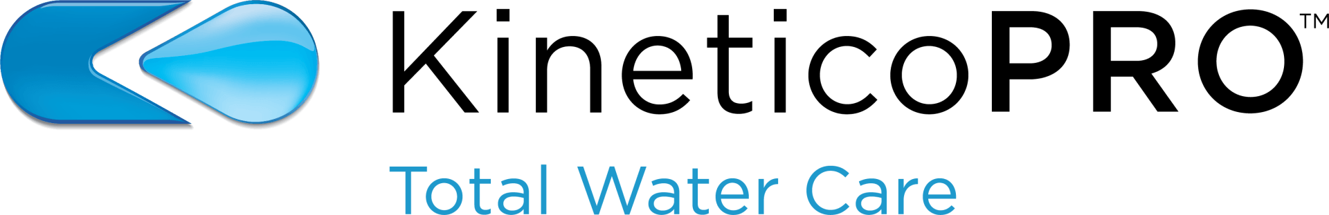 A blue and white logo for kineticopro total water care