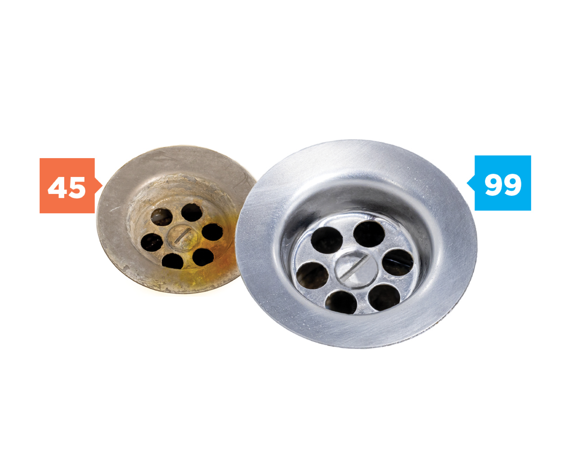 Two sink drains with numbers 45 and 99 on them