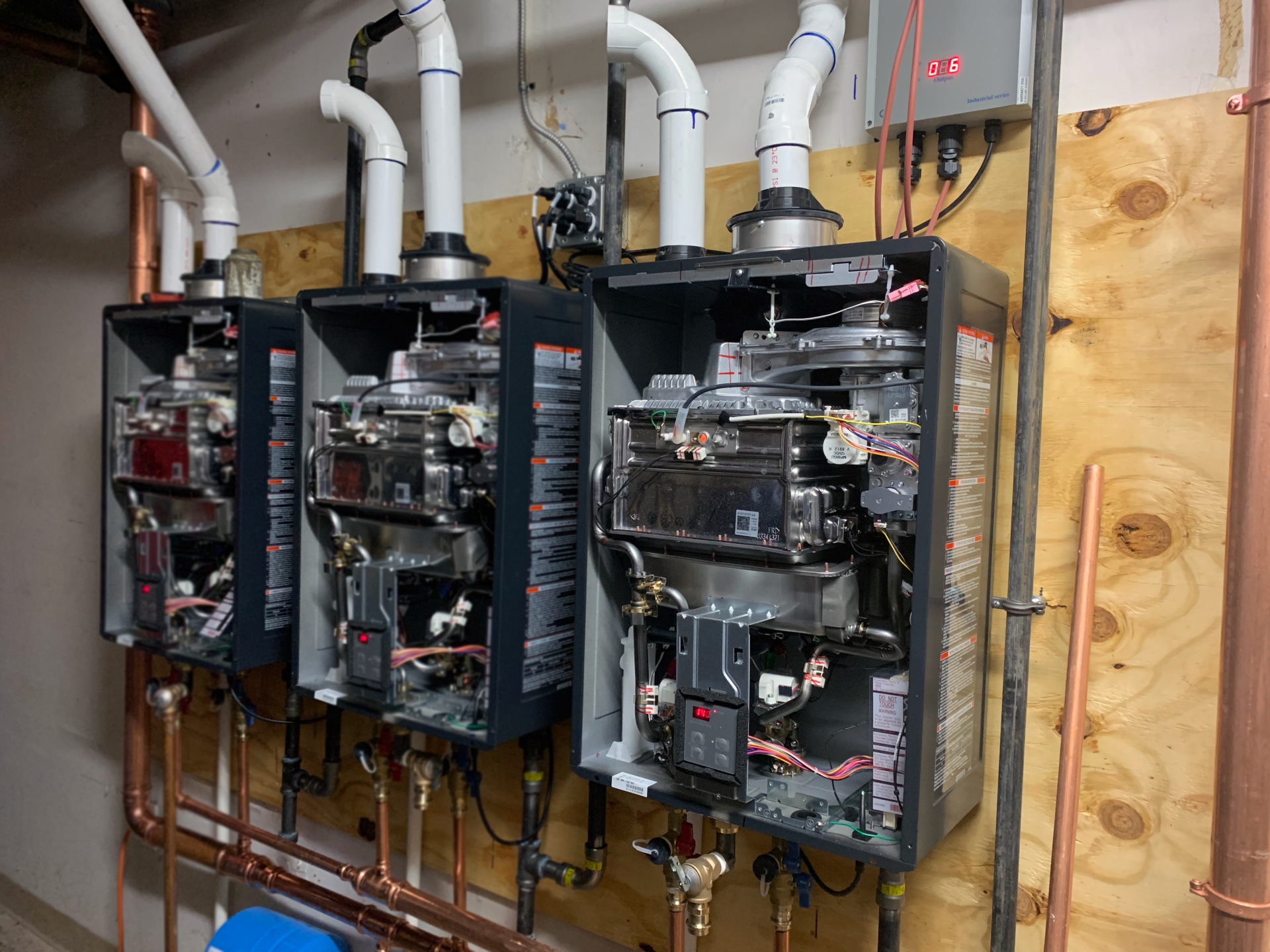 The inside of a tankless water system.