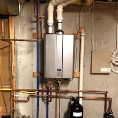 A water heater is installed in the basement of a house.