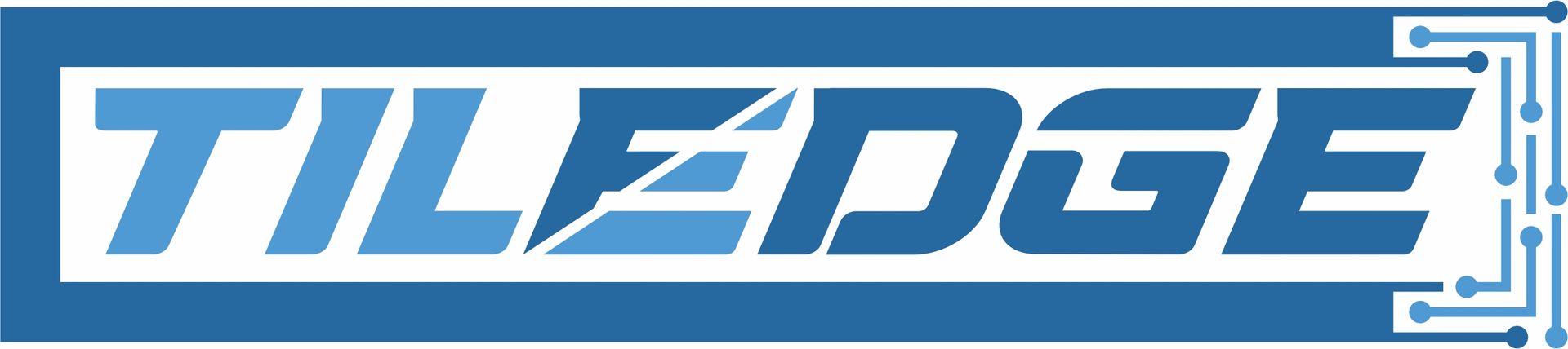 The text "TILEDGE" in bold blue letters inside a blue rectangular border, with circuit board patterns on the right.