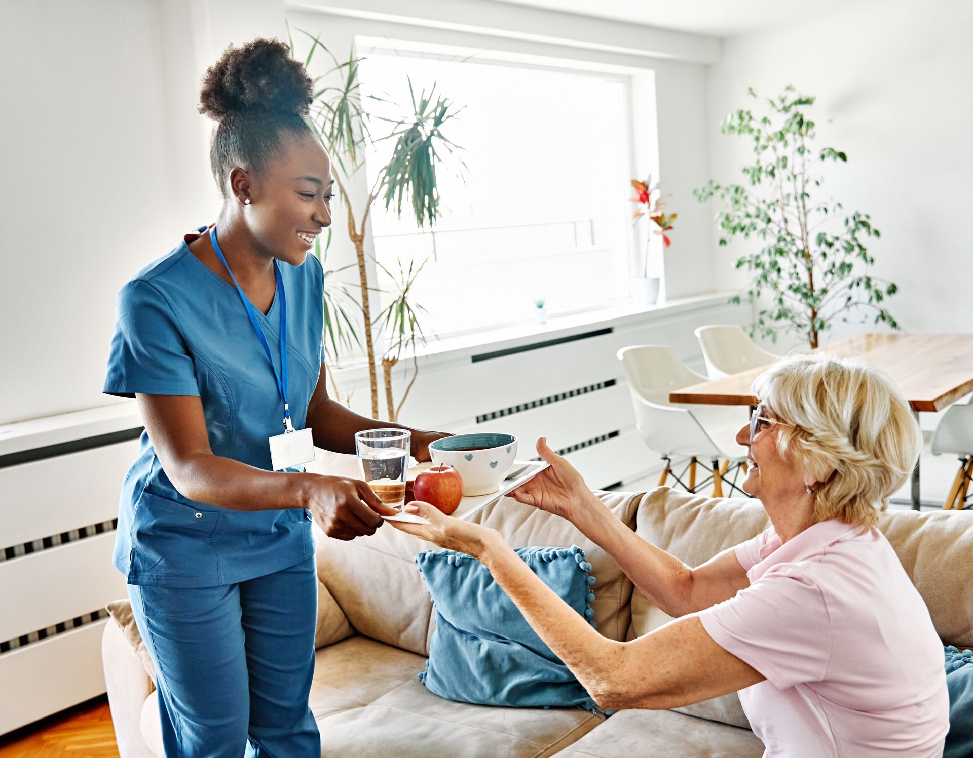 Caregiver serving a meal to a person sitting on a couch.