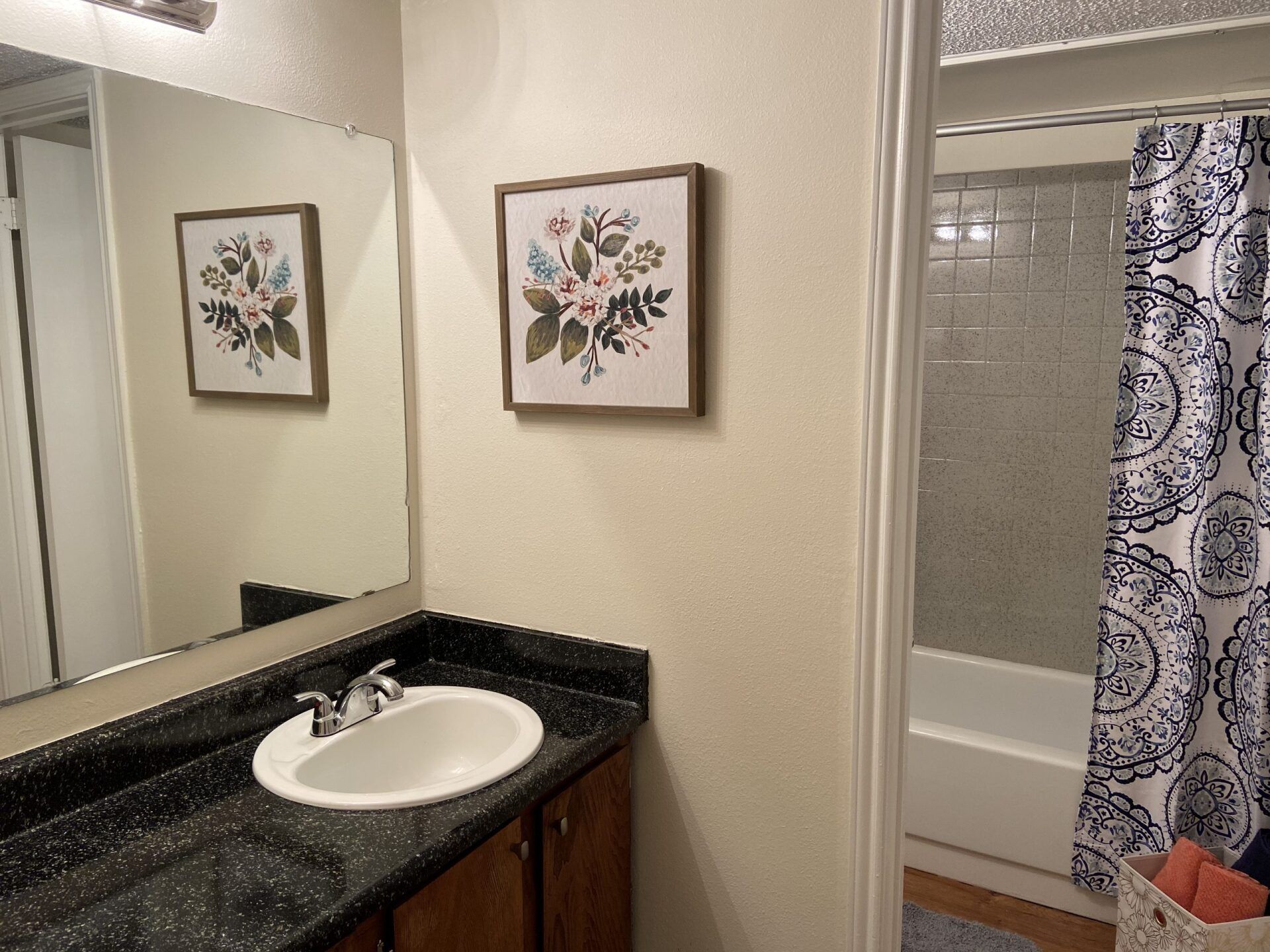 Interior of bathroom with shower/tub and white fixtures