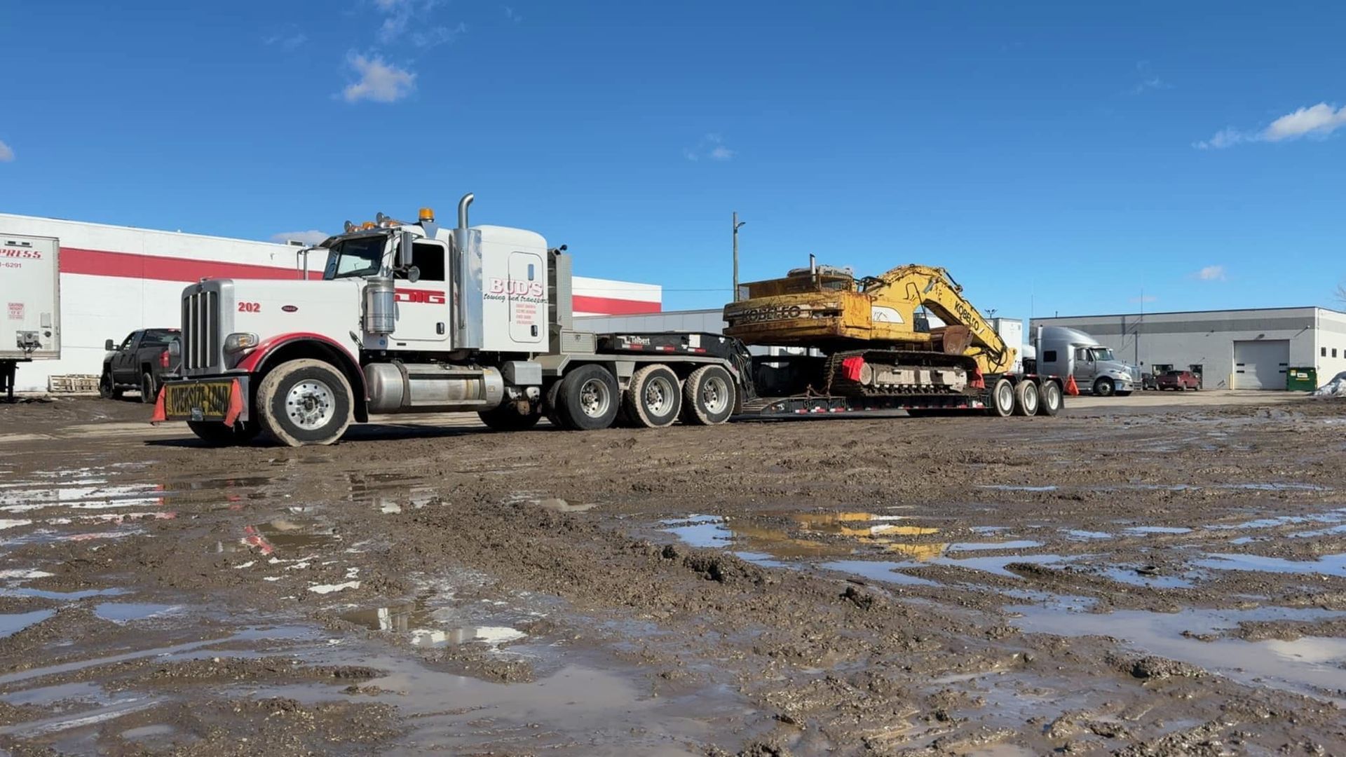 A large white semi-truck hauls a yellow excavator on a flatbed trailer across a muddy lot under a blue sky.