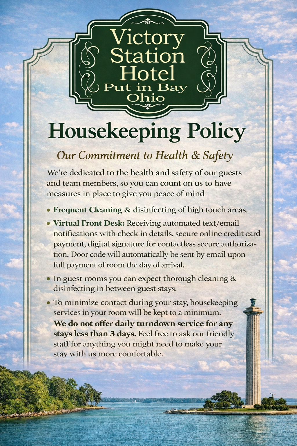 Victory Station Hotel - Housekeeping Policy - Put-in-Bay, Ohio