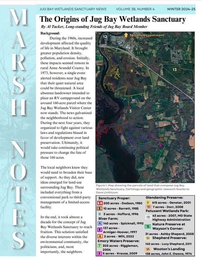 Marsh Notes article “The Origins of Jug Bay Wetlands Sanctuary” with satellite map and legend on a beige page