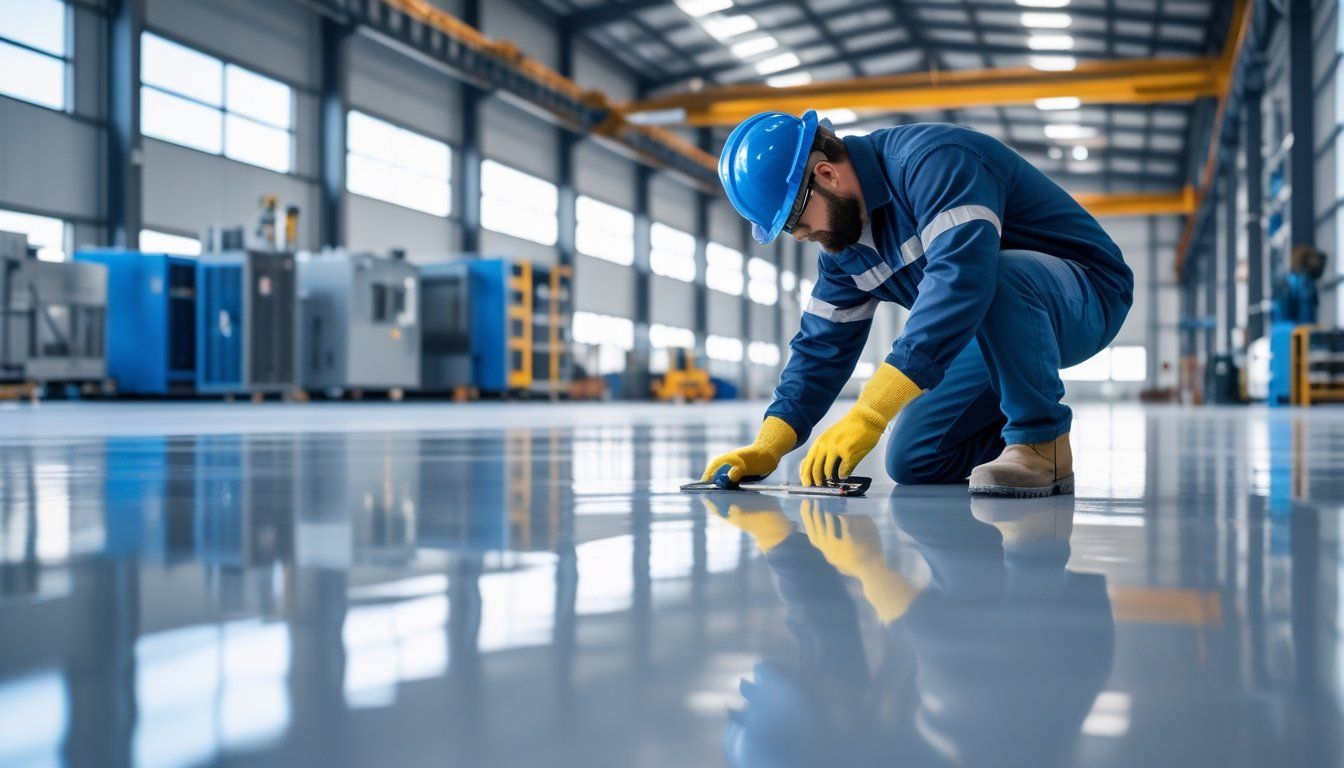 Worker in blue jumpsuit and hard hat inspecting shiny gray industrial floor.