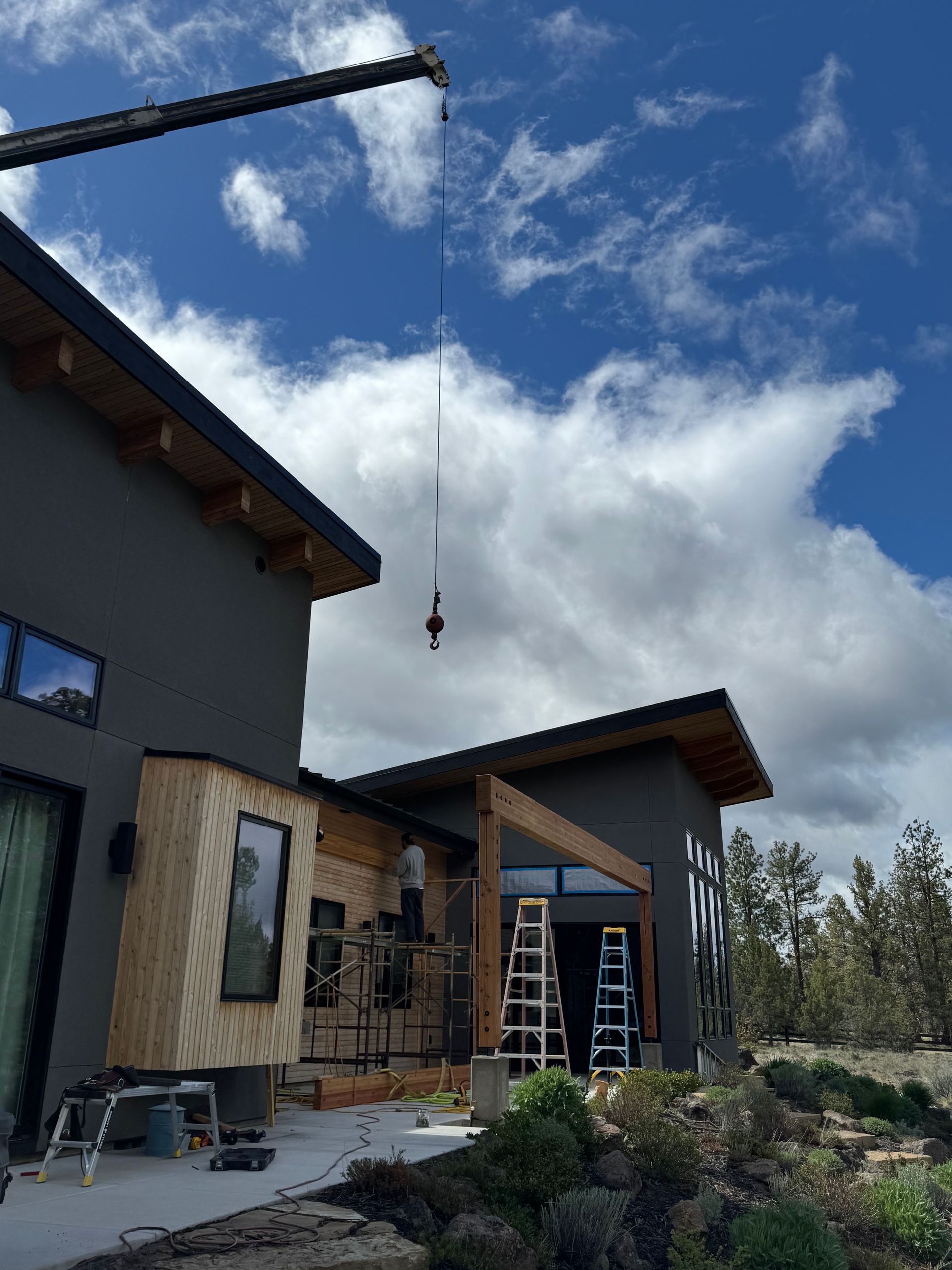 A crane is lifting a bird from the roof of a house