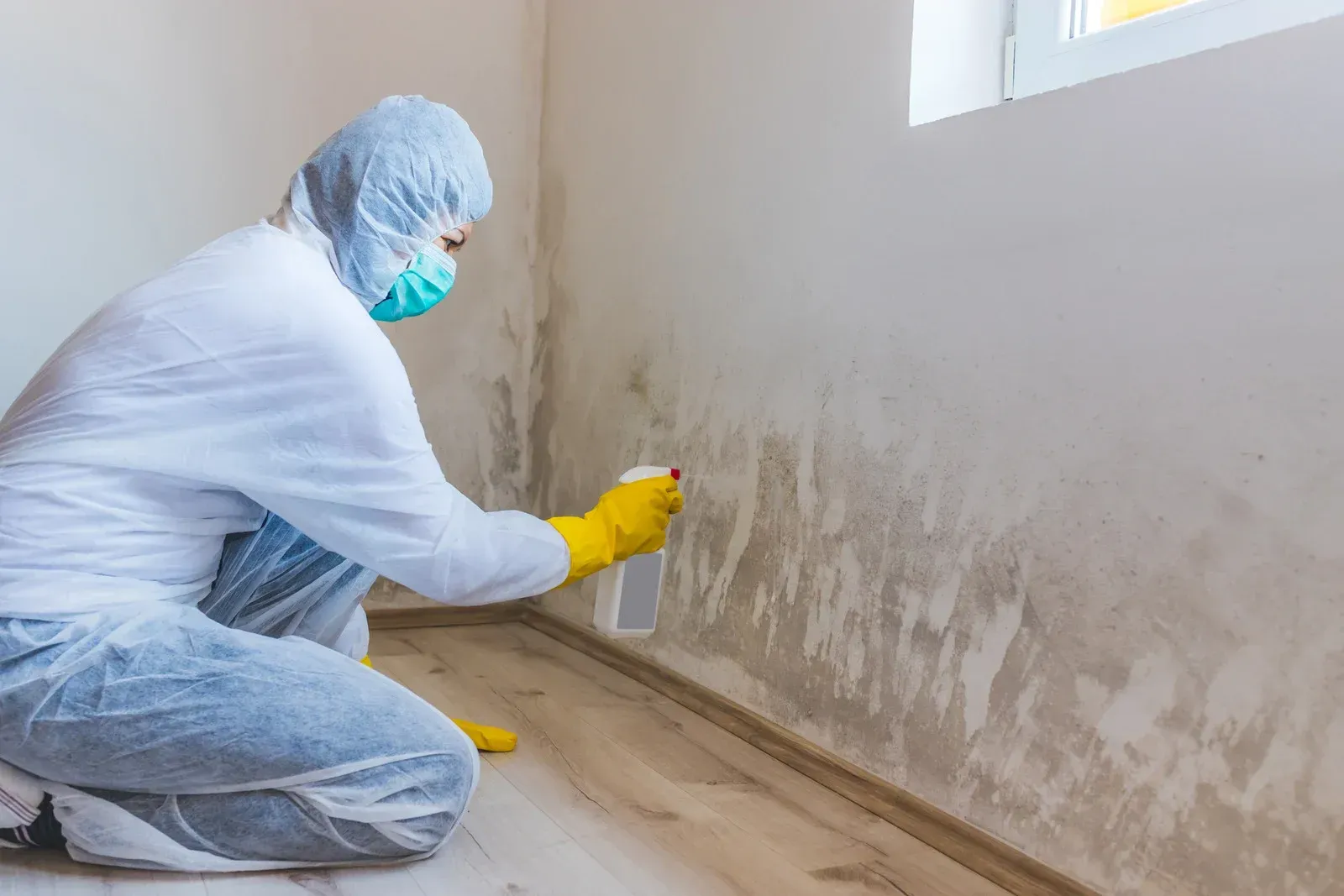 Person in protective suit spraying mold on a wall near a window.