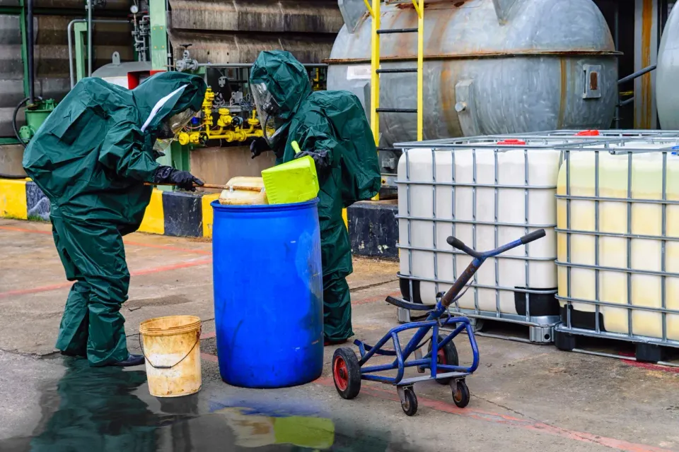 Two workers in hazmat suits transferring materials from a blue barrel; industrial setting.