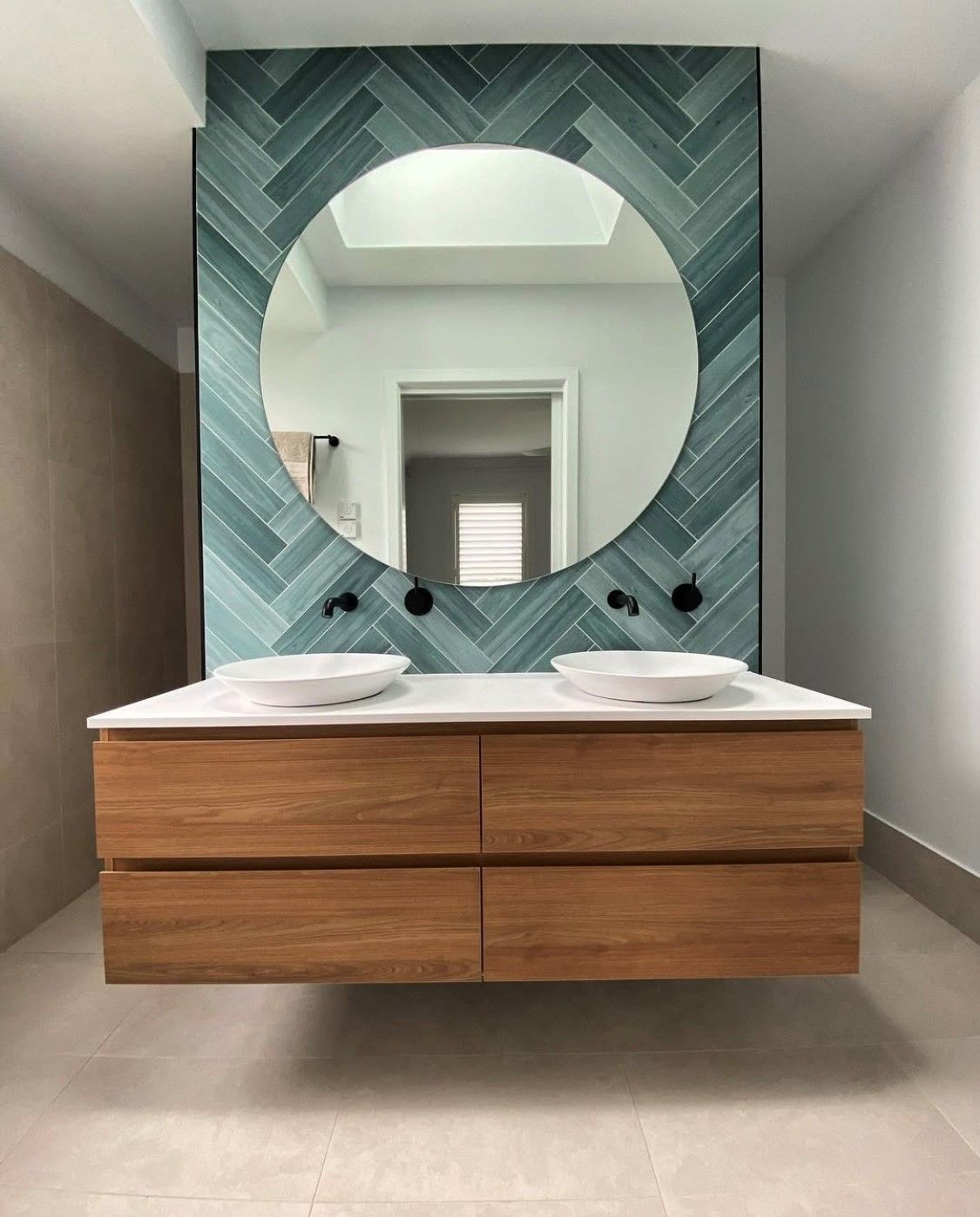 Floating wooden double vanity with round mirror — North Coast Tiles in Grafton, NSW