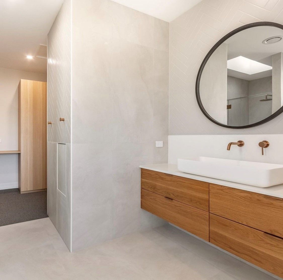 Modern Bathroom With Freestanding White Tub, Vanity With Drawers, and Geometric Pendant Light — North Coast Tiles in Grafton, NSW