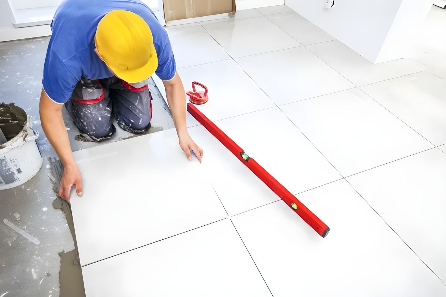 A Construction Worker Kneels on a Floor, Installing White Tiles With a Level and Bucket Nearby — North Coast Tiles in Grafton, NSW